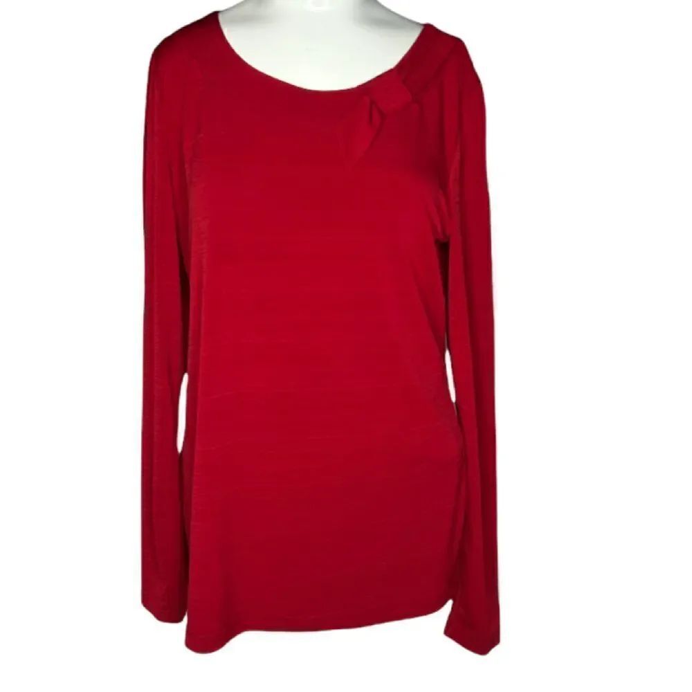 East 5th red stretch long sleeve with bow accent at collar